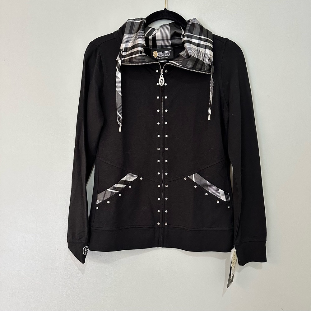 NWT Christine Alexander Black and Gray Plaid Cotton Blend Jacket Size Small